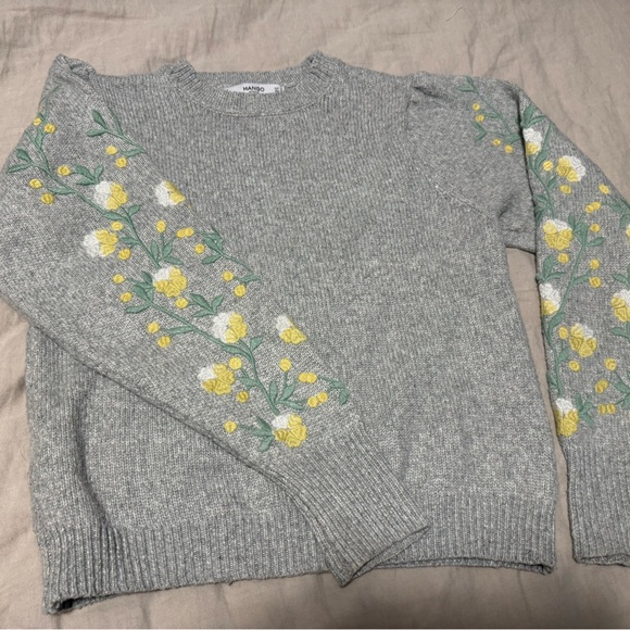 Mango Sweaters - Mango Gray Sweater with Yellow Floral Embroidery